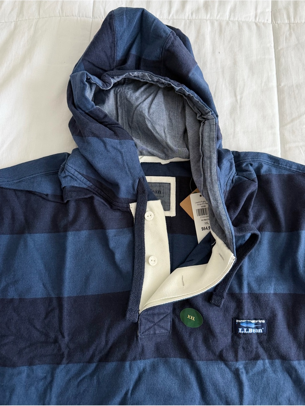 NWT L.L. Bean Men's Rugby Hoodie in Navy & Dark Navy Stripe - Picture 4 of 10